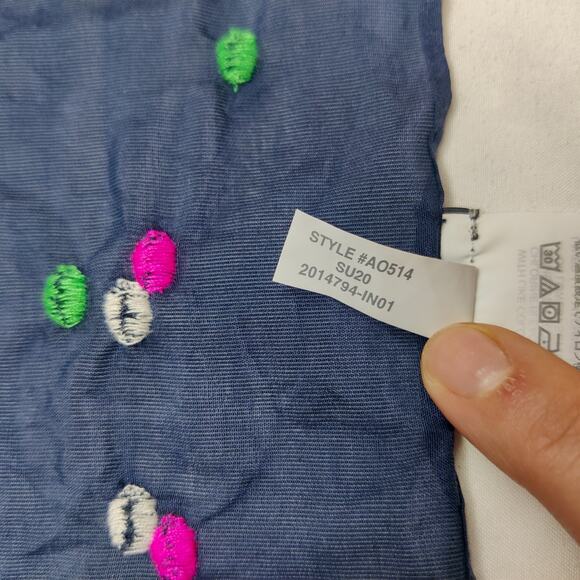 J. Crew Cotton Silk Twee Polka Dot Embroidered Navy Blue Preppy Square Scarf - Picture 5 of 7